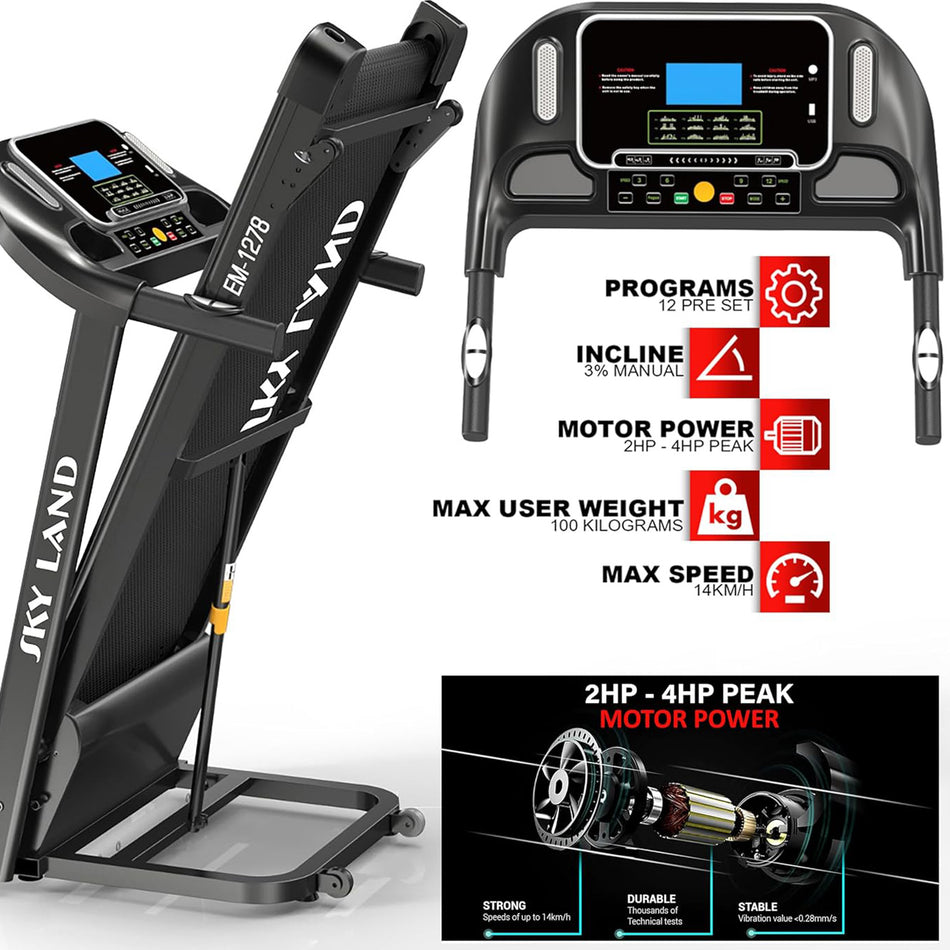 Home Use Treadmill EM-1278 Powerful Motor 2hp-4hp Peak with 100kg User Weight Capacity