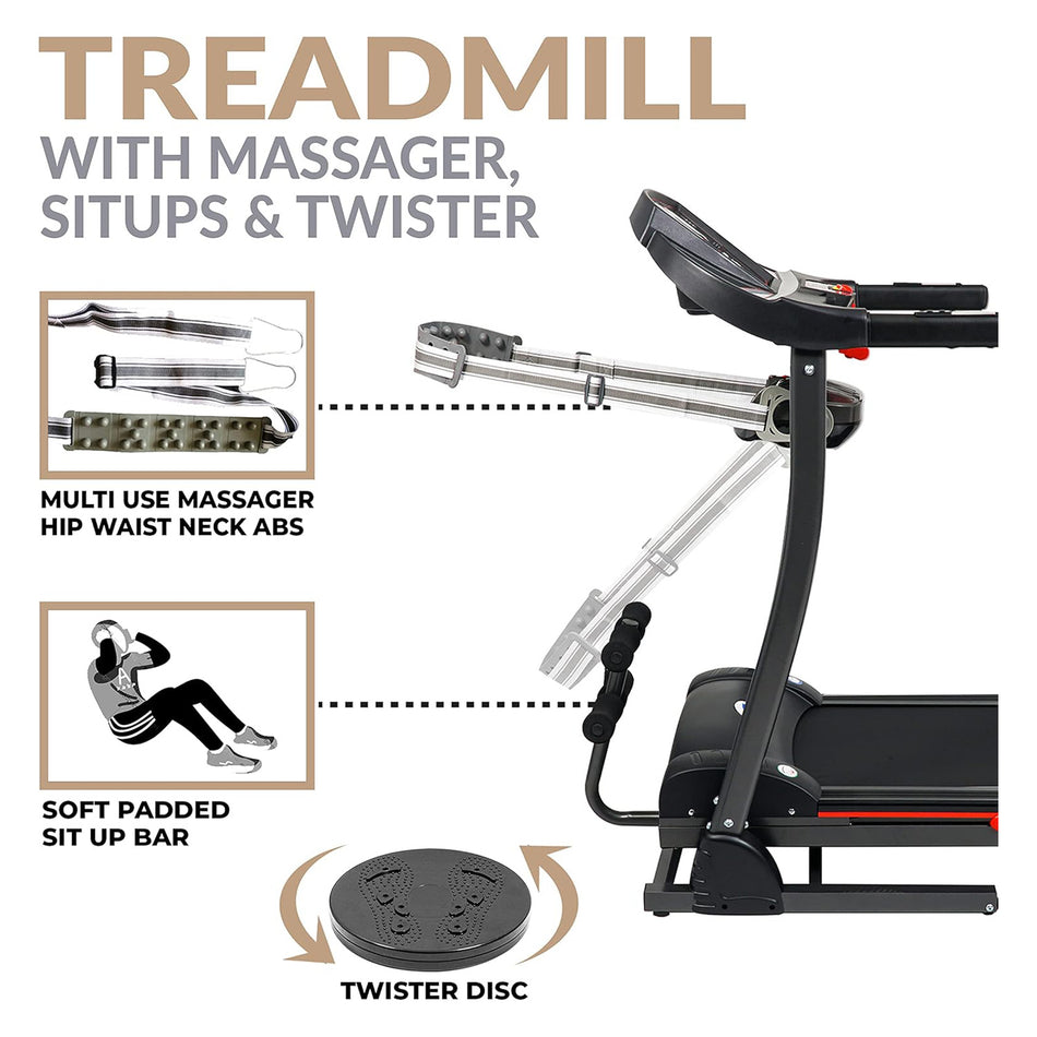 4-in-1 Home Use Treadmill with Massager EM-1242 Sit-Up Bar, Twister, Speaker - 4 HP Peak, Foldable Treadmill for Home Gym Fitness