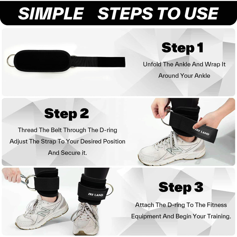 SKY LAND Ankle Straps - Padded Gym Cuffs for Cable Machines. Ideal for Kickbacks, Glute Workouts, Leg Extensions. Steel D Ring, Adjustable Neoprene Support