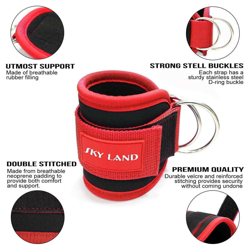 SKY LAND Ankle Straps - Padded Gym Cuffs for Cable Machines. Ideal for Kickbacks, Glute Workouts, Leg Extensions. Steel D Ring, Adjustable Neoprene Support. Perfect for Resistance Bands.