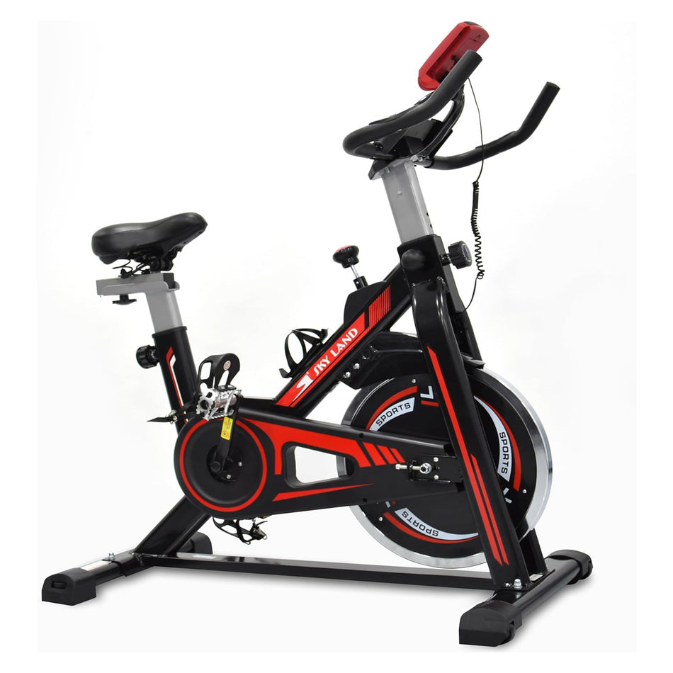 SKY LAND Fitness Indoor Cycling Spin Bike| Exercise Bike For Cardio & Strength Training Workouts Water Bottle Holder -Adjustable Height For Home Use, EM 1561, Red