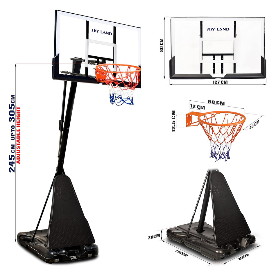 SKY LAND Basketball Hoop, Basketball Goal on Wheels Pro Size, Adjustable Height 8-10 FT, 50" Shatterproof Acrylic Backboard For Adults & Kids, Outdoor/Indoor Basketball Hoop Stand EM-1874