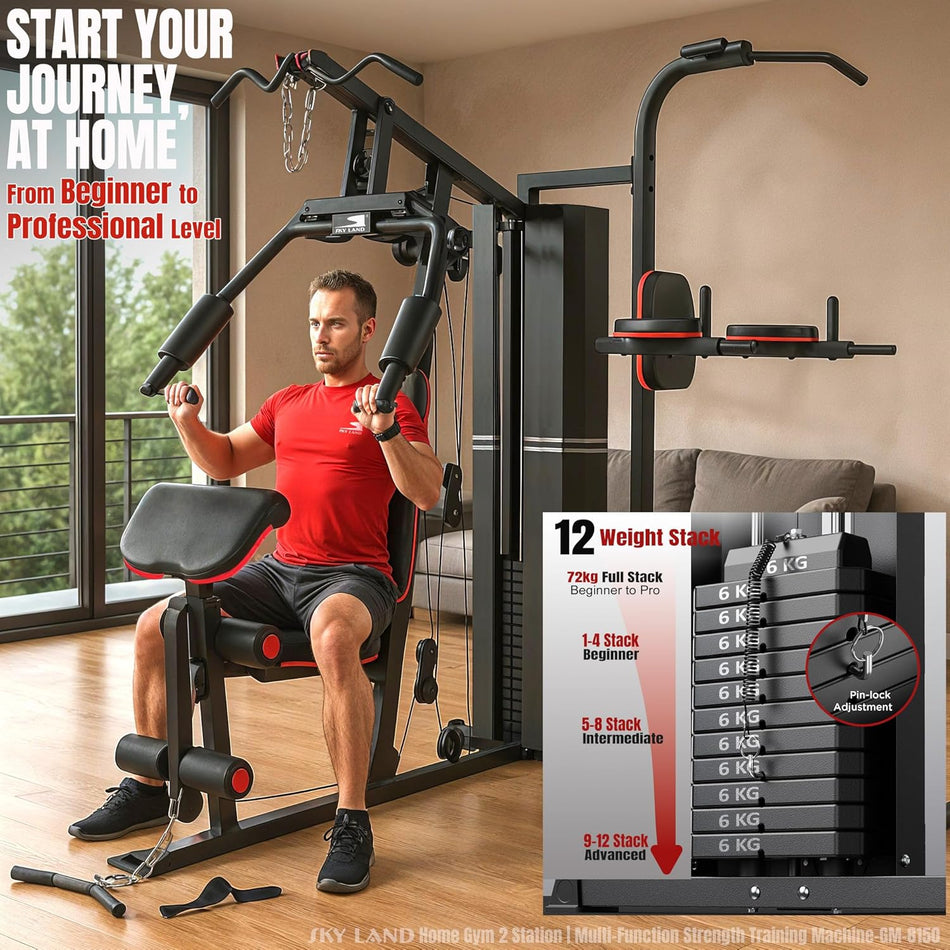 SKY LAND 2 Station Home Gym GM-8150 Multi-Function Strength Training Machine with 72KG Weight Stack, Bench Press, VKR Power Tower, Lat Pulldown, Sit-Up Bench, Full Body Workout