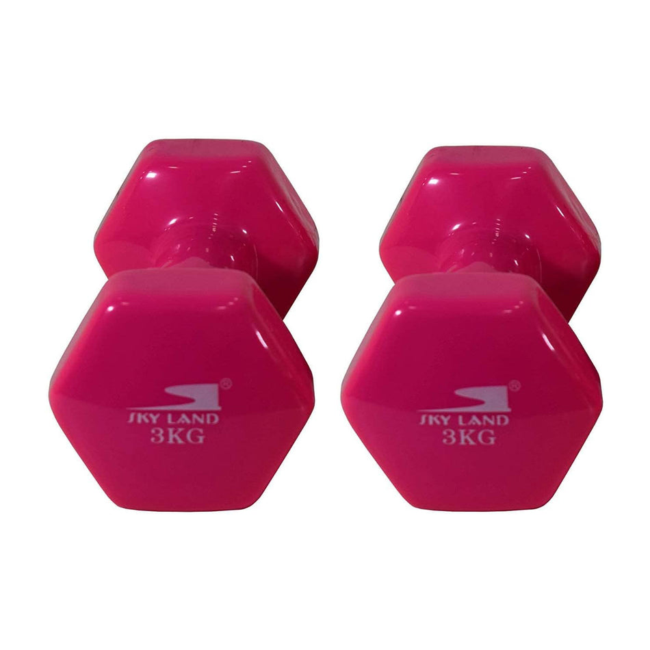 SKY LAND Classical Head Vinyl Dumbbells/Hand Weights Pair/Vinyl Coated Dumbbells for Home Gym, Exercise & Fitness Equipment Workouts/Strength Training/3Kg Dumbbells X 2 Pink/EM-9219-3