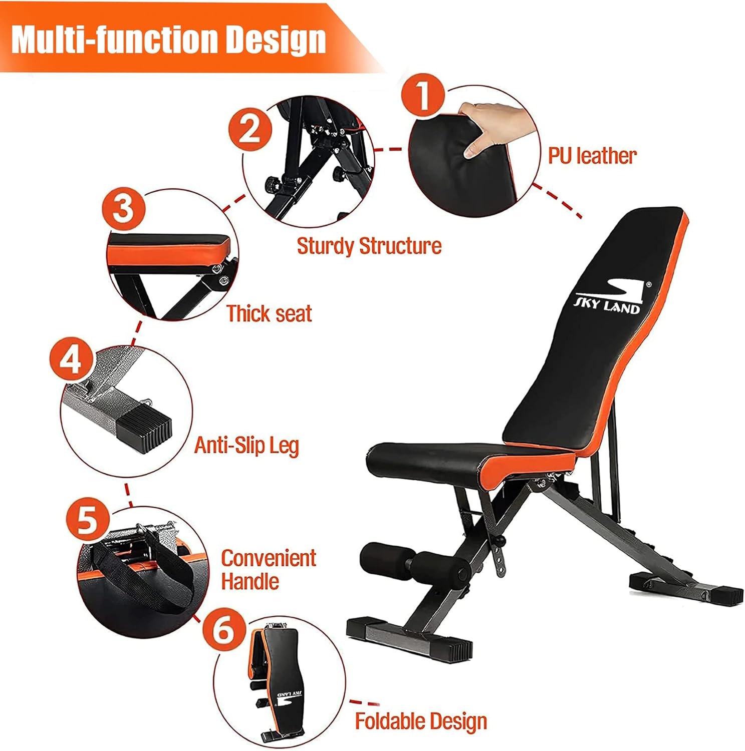 SKY LAND Adjustable Weight Bench for Home Gym - Multifunctional Bench Press Workout Station, Foldable Design, High-Density Foam Padding, Supports 150 kg, Heavy-Duty Steel - Image 4