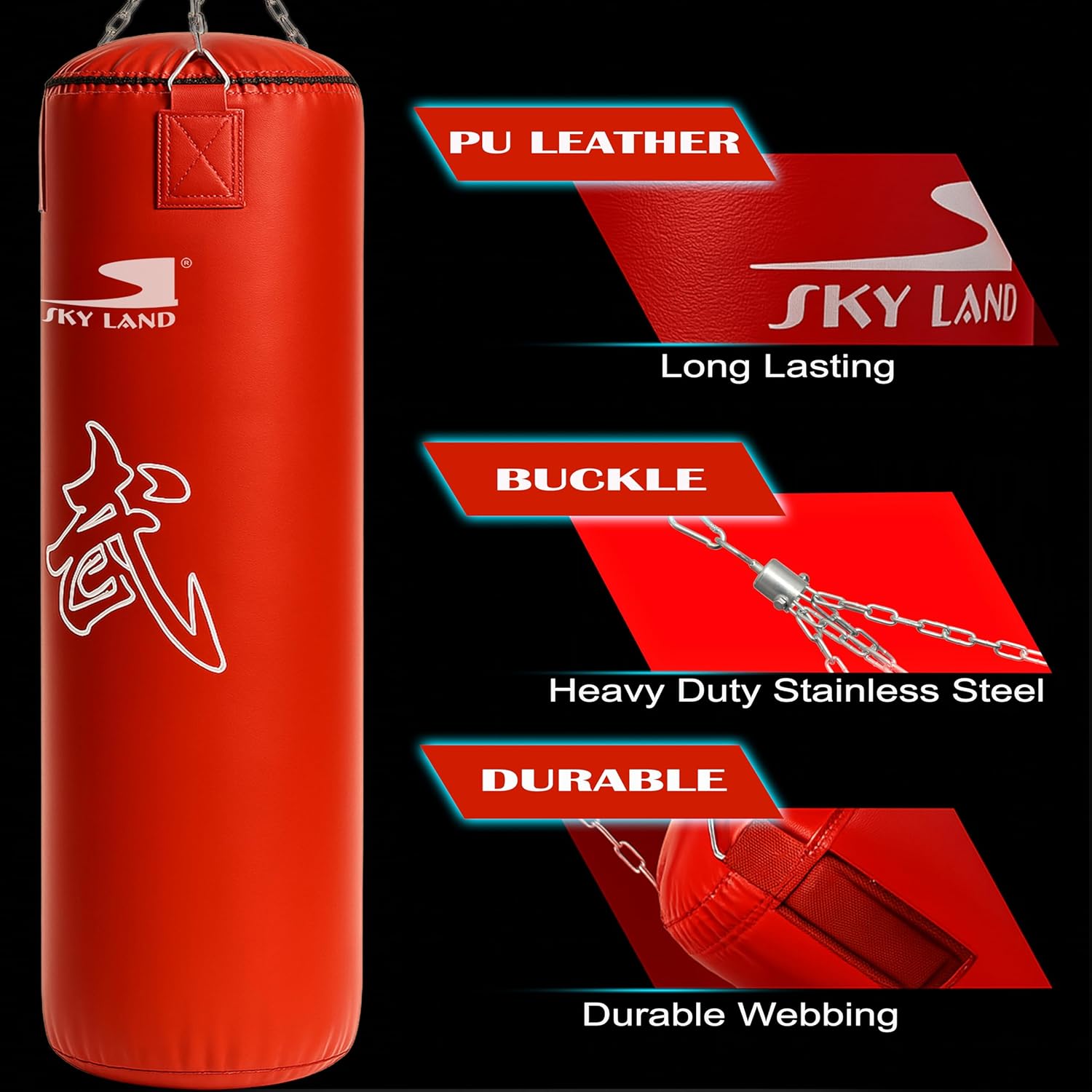 SKY LAND Heavy Duty Filled Punching Bag for Boxing, Kickboxing, MMA, Karate | PU Leather Bag with Wall Mount Hanger | Home Gym Training for Adults & Youth | Black, EM-1876 80cm version - Image 2