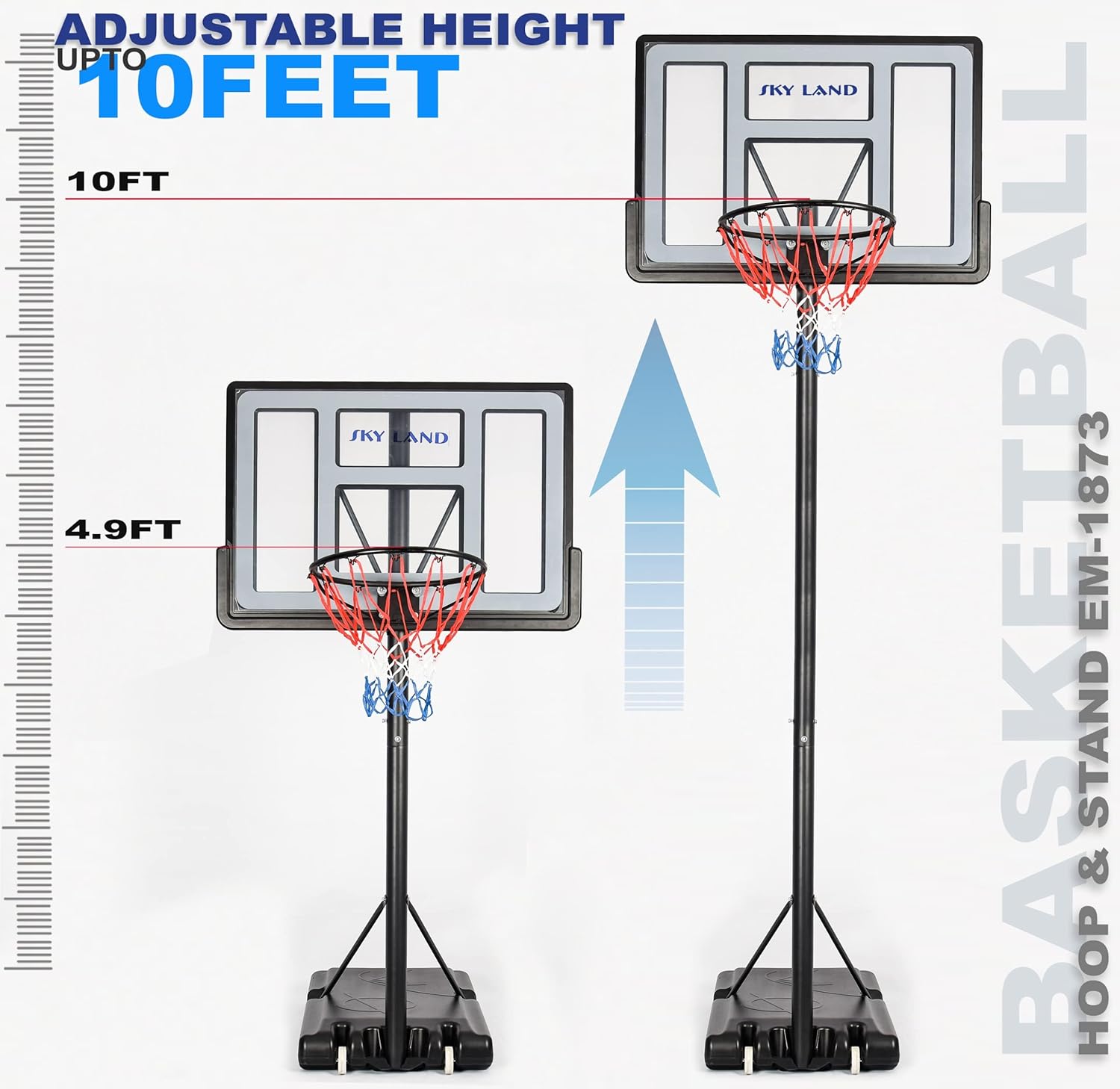 SKY LAND Sports Basketball Hoop | Basketball Goal on Wheels Adjustable Height 5-10 FT, 44" Backboard For Adults & Kids, Outdoor Basketball Stand, EM-1873 - Image 2