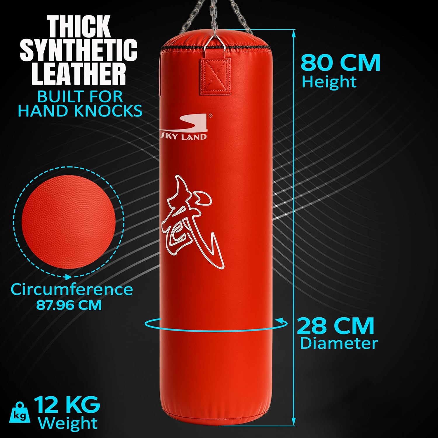 SKY LAND Heavy Duty Filled Punching Bag for Boxing, Kickboxing, MMA, Karate | PU Leather Bag with Wall Mount Hanger | Home Gym Training for Adults & Youth | Black, EM-1876 80cm version - Image 3