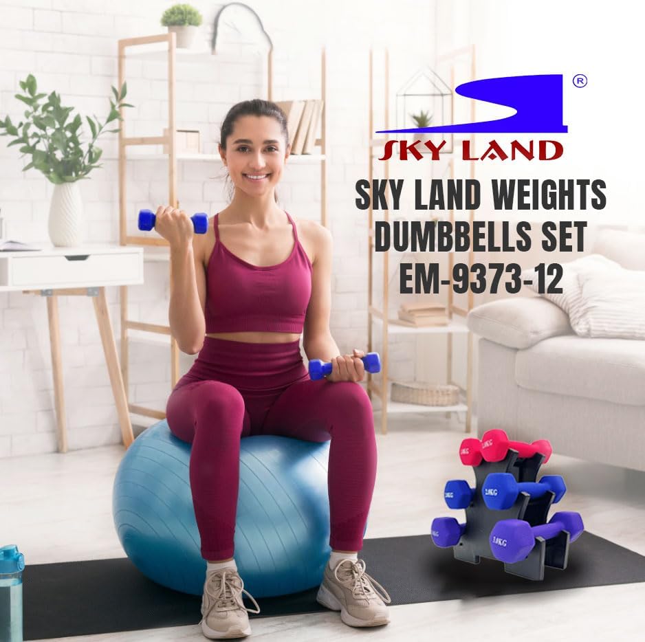 SKY LAND Dumbbell Rack Set with 2x1KG (Pink), 2x2KG (Blue), 2x3KG (Purple) Neoprene Hex Dumbbells – 12KG Home Gym Equipment, Anti-Roll Hand Weights for Strength Training & Fitness – EM-9373-12 - Image 4