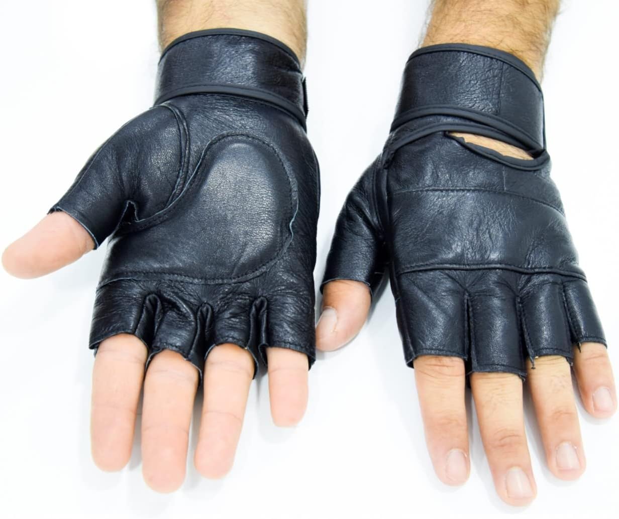 SKY LAND Half Finger Leather Weightlifting Gloves with Integrated Wrist Support - Premium Natural Leather & Mesh Gym Gloves for Powerlifting, Strength Training & Pull-Ups - Padded Palm & Adjustable Velcro Strap - Black (EM-9353) - Image 5