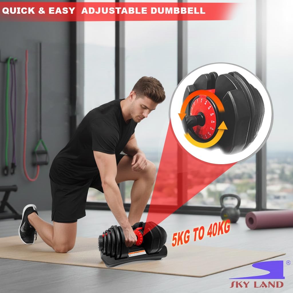 SKY LAND Adjustable Dumbbell 40KG | 5–40KG Quick Select Free Weights with Black Ergonomic Grip Handle | All-in-One Strength Training Dumbbell for Home & Gym Workout, Space Saving Design, EM-9270-40 - Image 2