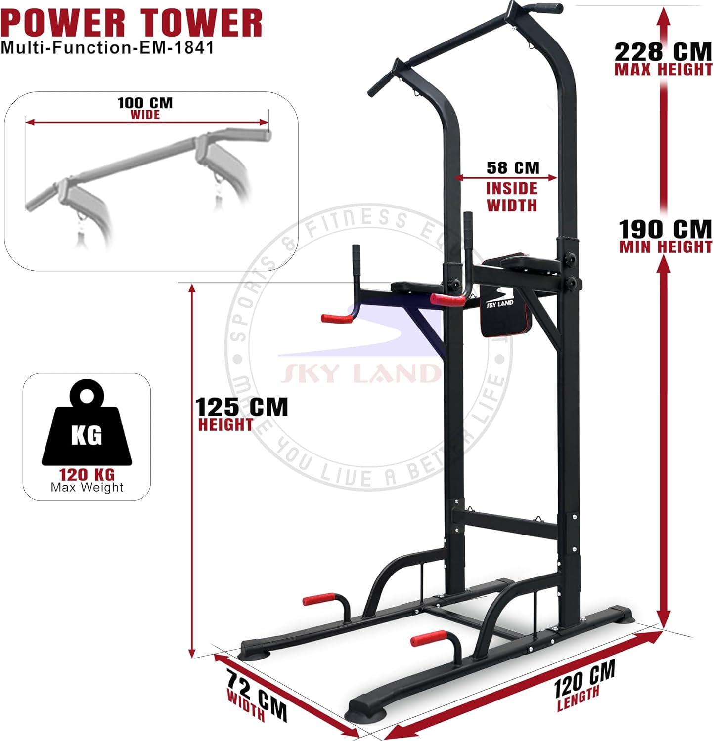 SKY LAND Pro Power Tower for Home Gym, Multifunctional Dip Station, Pull Up & Push Up Bar, Adjustable Height Steel Frame, Full Body Workout Equipment Up to 100KG User Weight, Padded Support EM-1841 - Image 7