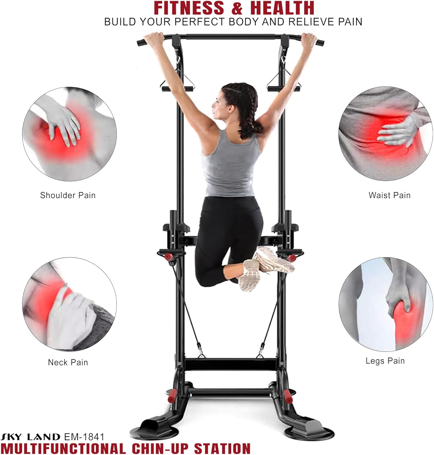 SKY LAND Pro Power Tower for Home Gym, Multifunctional Dip Station, Pull Up & Push Up Bar, Adjustable Height Steel Frame, Full Body Workout Equipment Up to 100KG User Weight, Padded Support EM-1841 - Image 4