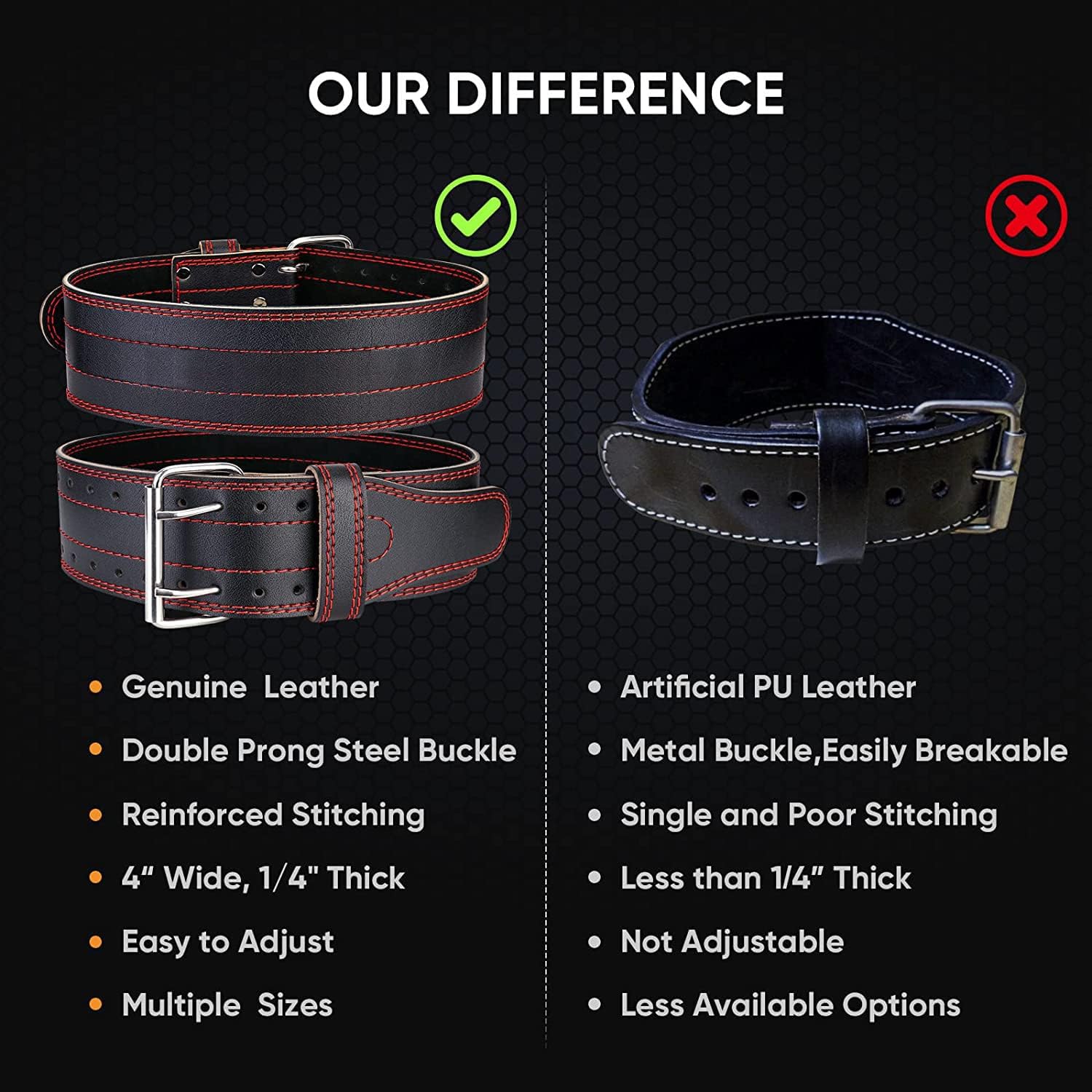 SKY LAND Weight Lifting Belt for Men & Women - 6mm Thick Leather Powerlifting Belt with Double Prong Steel Buckle & 10cm Wide Back Support - Heavy Duty Gym Belt for Squats, Deadlifts & Strength Training - Black (EM-9349-L) - Image 3