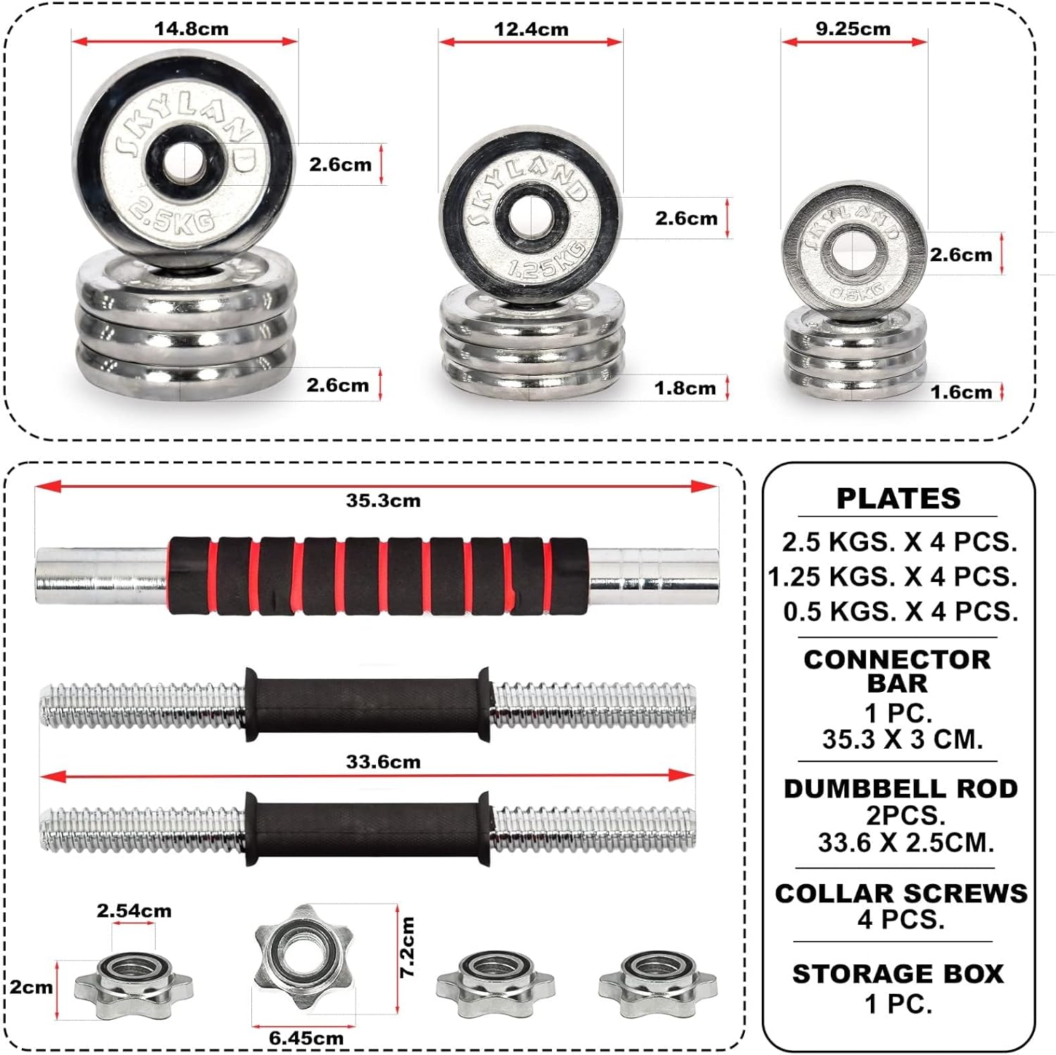 SKY LAND Adjustable Dumbbell Set 20KG with Barbell Connector | Chrome Cast Iron Dumbbell Set for Home Gym Strength Training – EM-9239-20 - Image 7