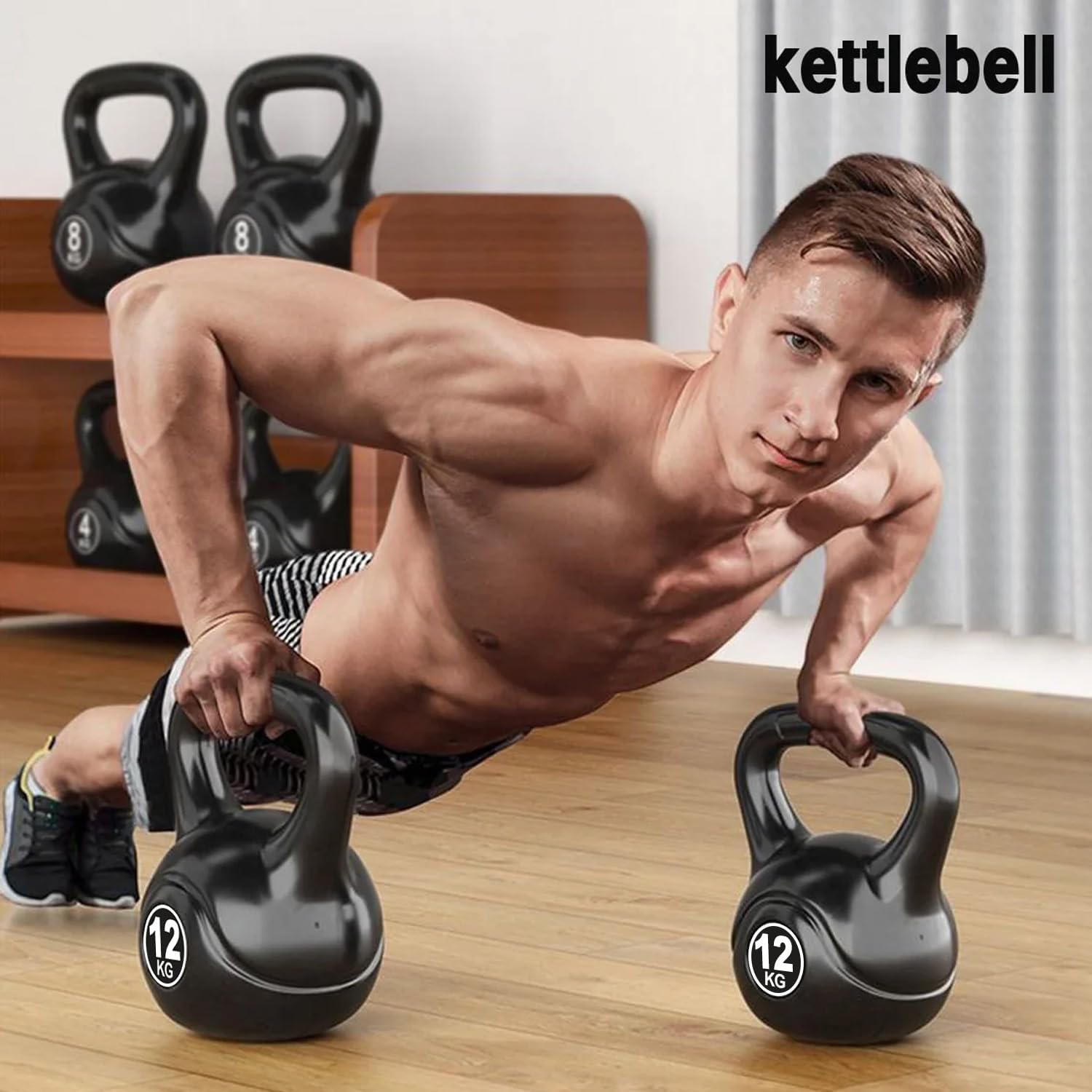 SKY LAND Vinyl Kettlebell Dumbbell - Black Strength Training Weights for Home Gym, Full-Body Exercises Kettlebell 12KG - Image 2