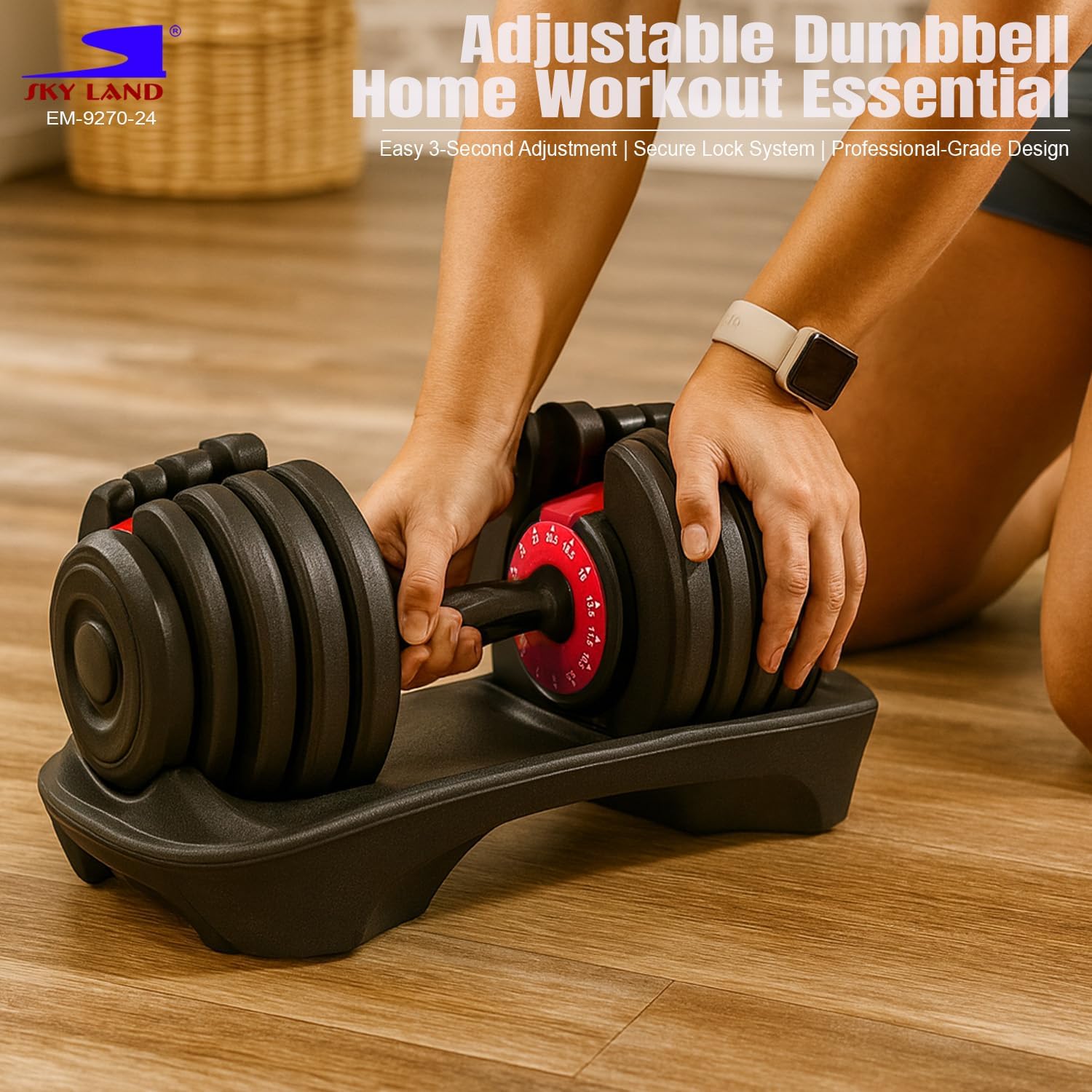 SKY LAND Adjustable Dumbbell 24KG – 15 Weight Levels from 2.5kg to 24kg, Quick Adjustment System, Non-Slip Grip Handle, Compact & Space-Saving Design for Home Gym Strength Training EM-9270-24 - Image 4