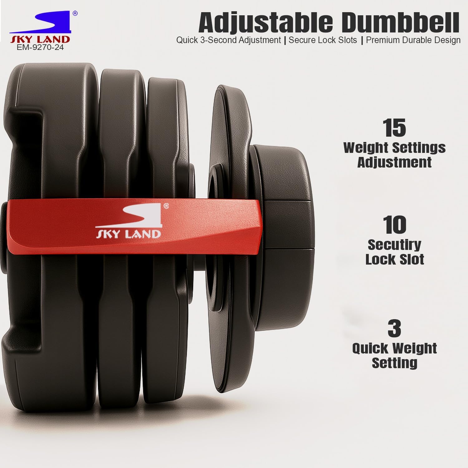 SKY LAND Adjustable Dumbbell 24KG – 15 Weight Levels from 2.5kg to 24kg, Quick Adjustment System, Non-Slip Grip Handle, Compact & Space-Saving Design for Home Gym Strength Training EM-9270-24 - Image 3