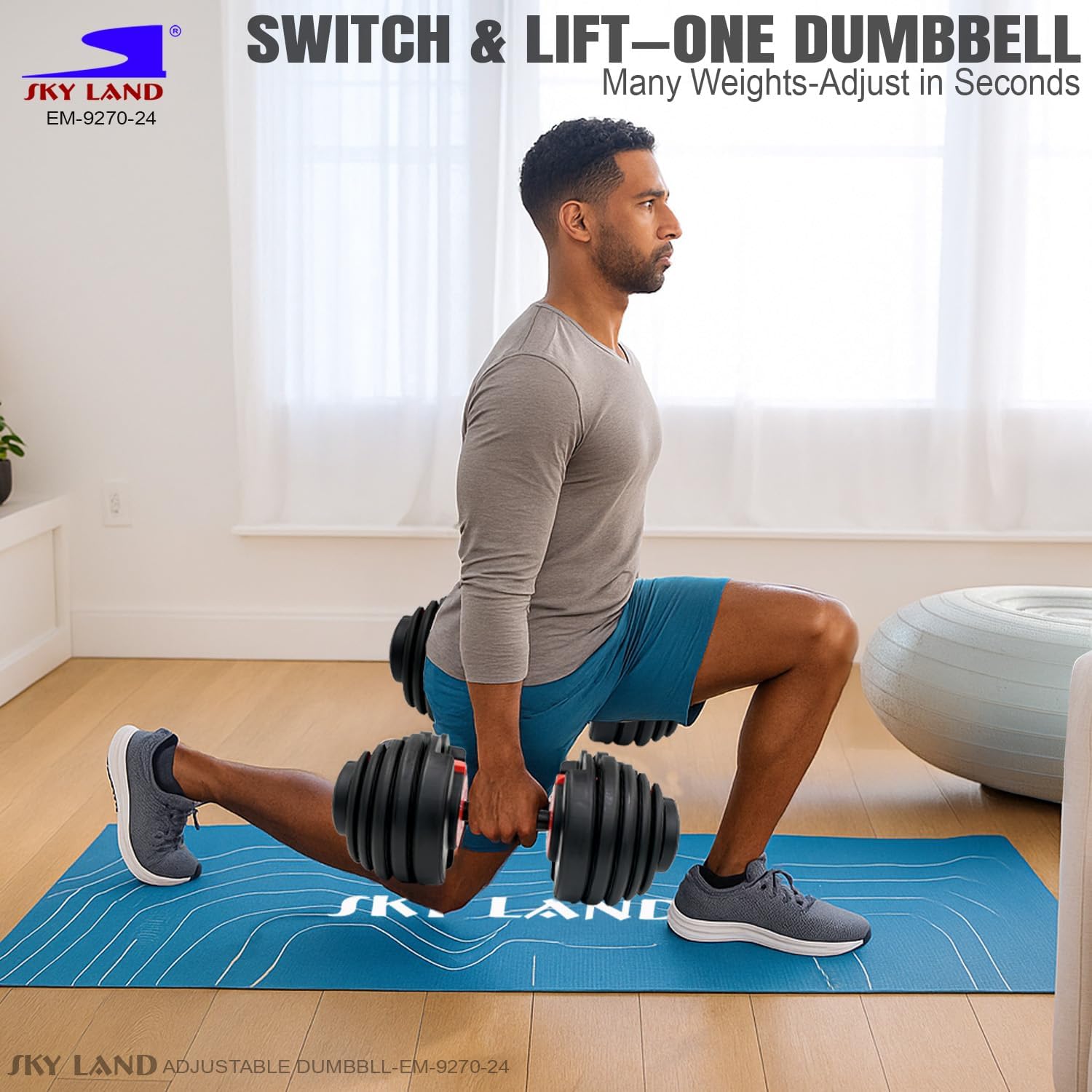 SKY LAND Adjustable Dumbbell 24KG – 15 Weight Levels from 2.5kg to 24kg, Quick Adjustment System, Non-Slip Grip Handle, Compact & Space-Saving Design for Home Gym Strength Training EM-9270-24 - Image 5