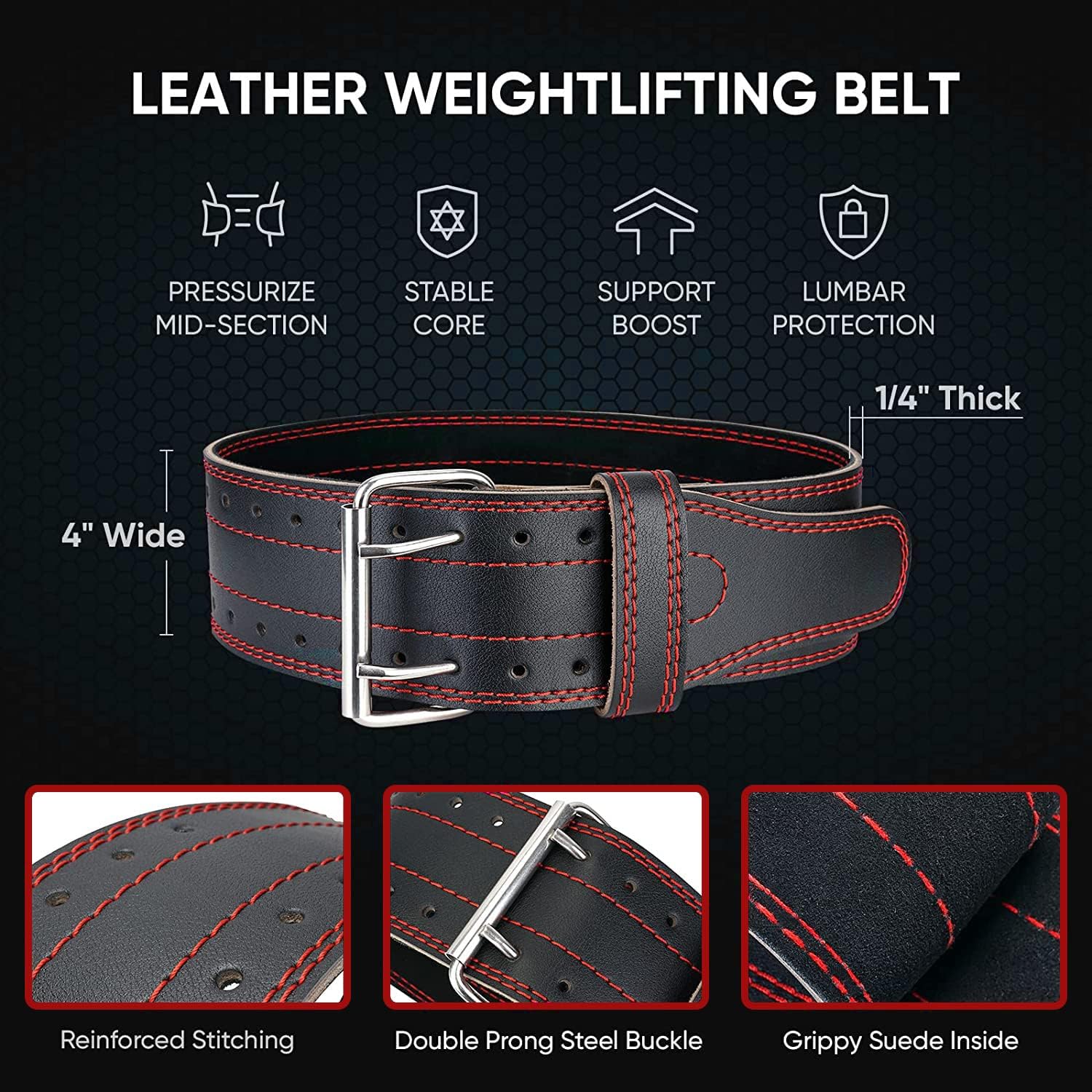 SKY LAND Weight Lifting Belt for Men & Women - 6mm Thick Leather Powerlifting Belt with Double Prong Steel Buckle & 10cm Wide Back Support - Heavy Duty Gym Belt for Squats, Deadlifts & Strength Training - Black (EM-9349-L) - Image 2