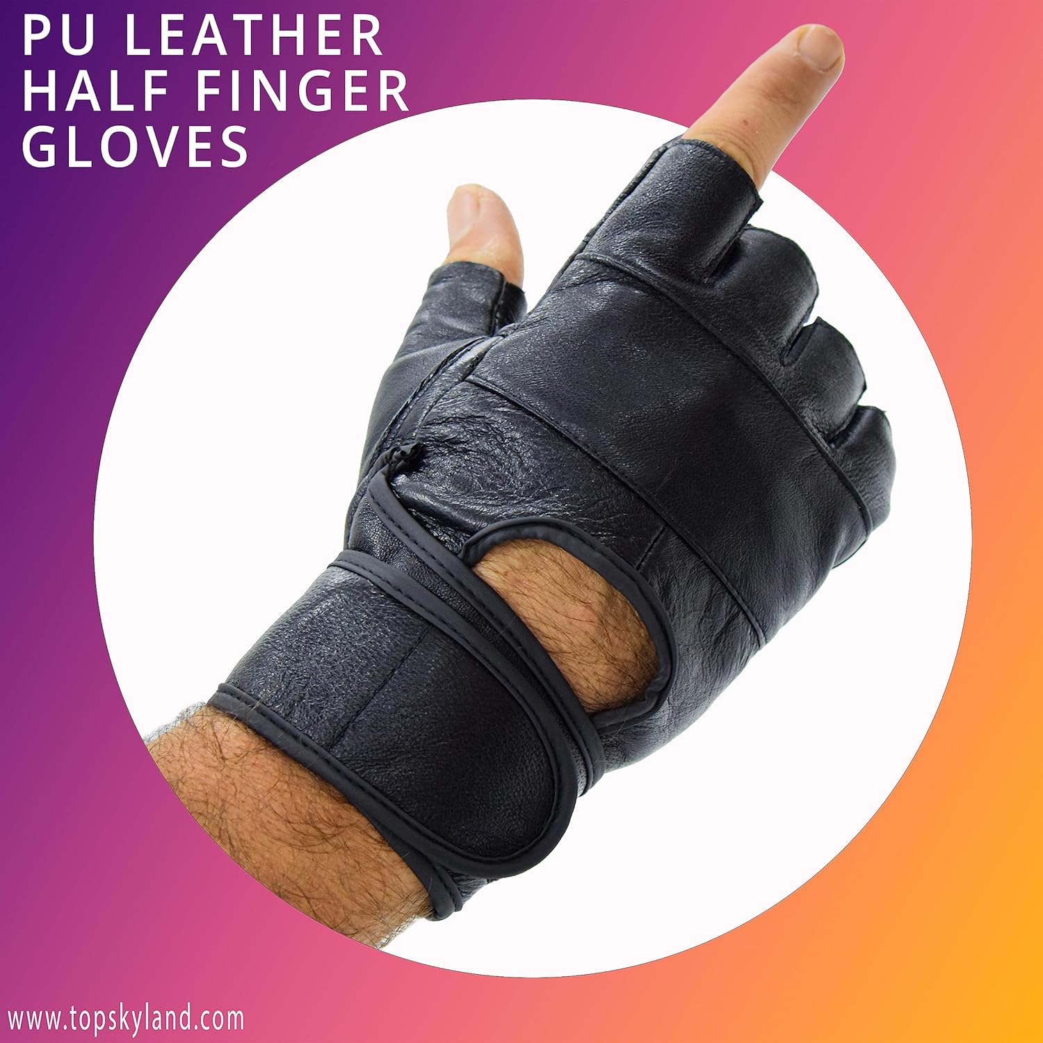 SKY LAND Half Finger Leather Weightlifting Gloves with Integrated Wrist Support - Premium Natural Leather & Mesh Gym Gloves for Powerlifting, Strength Training & Pull-Ups - Padded Palm & Adjustable Velcro Strap - Black (EM-9353) - Image 3