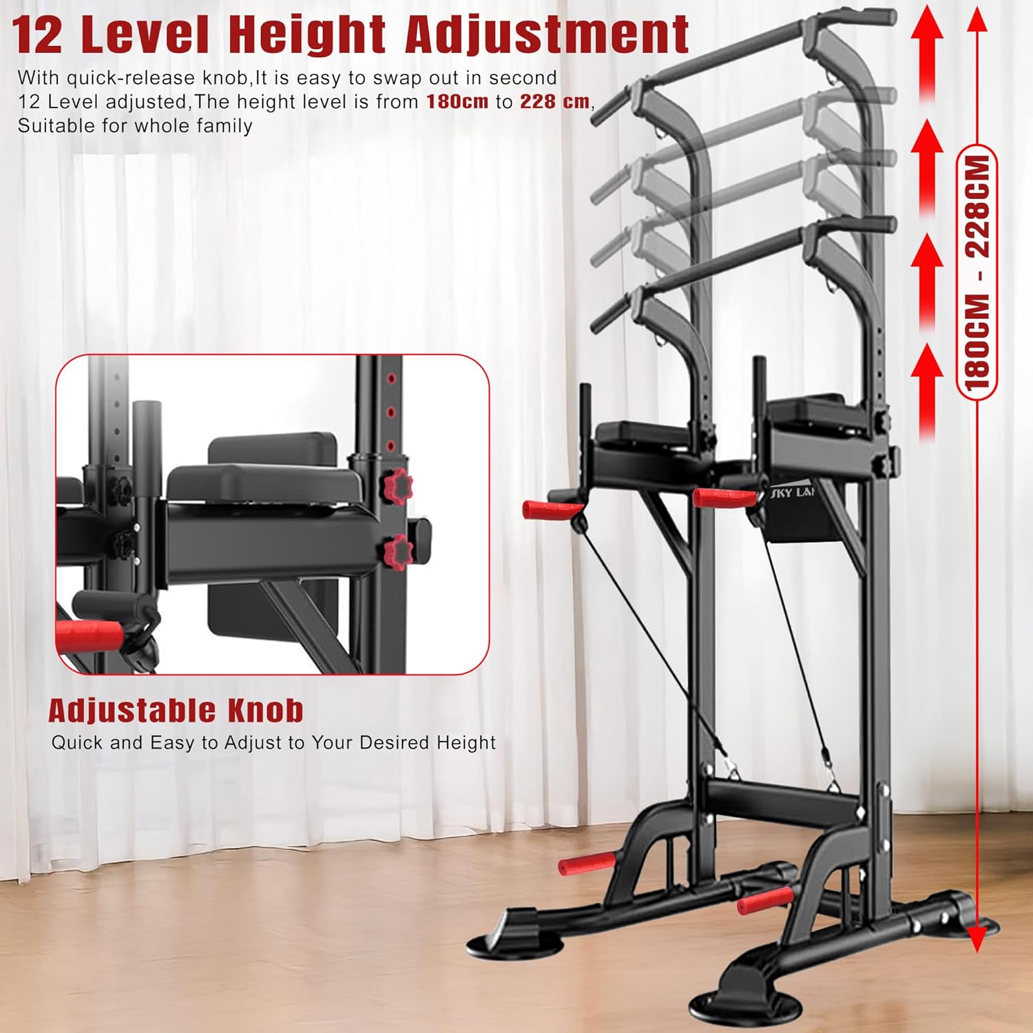 SKY LAND Pro Power Tower for Home Gym, Multifunctional Dip Station, Pull Up & Push Up Bar, Adjustable Height Steel Frame, Full Body Workout Equipment Up to 100KG User Weight, Padded Support EM-1841 - Image 3