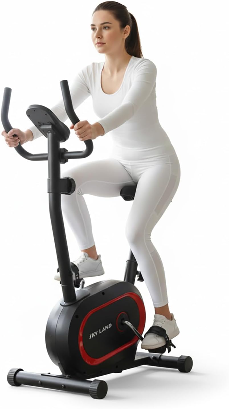 Upright Exercise Bike EM-1574, 8-Level Magnetic Resistance, 4KG Flywheel, Pulse Sensors, LED Monitor, Tablet Holder, F S App | Indoor Bike for Home Cardio & Full-Body Fitness, 100KG Capacity