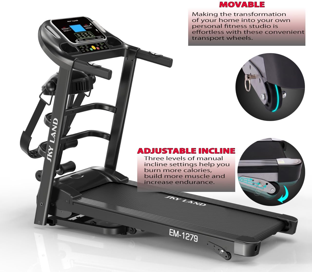 Treadmill With 4Hp Peak Motor | Compact Foldable Running Machine For Home With 3 Level manual incline, Treadmill With Massager Em-1279 - Image 4