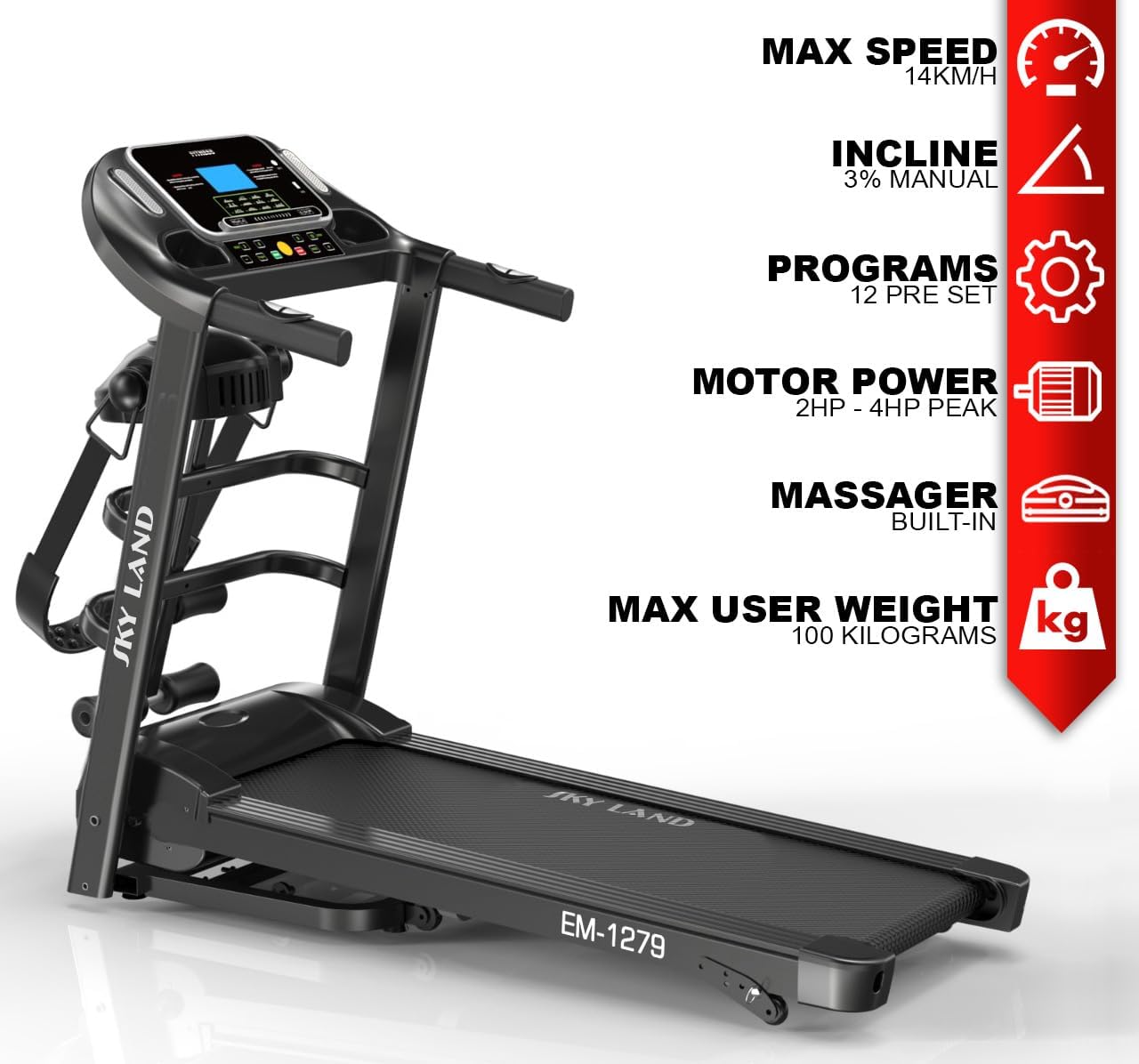 Treadmill With 4Hp Peak Motor | Compact Foldable Running Machine For Home With 3 Level manual incline, Treadmill With Massager Em-1279 - Image 3