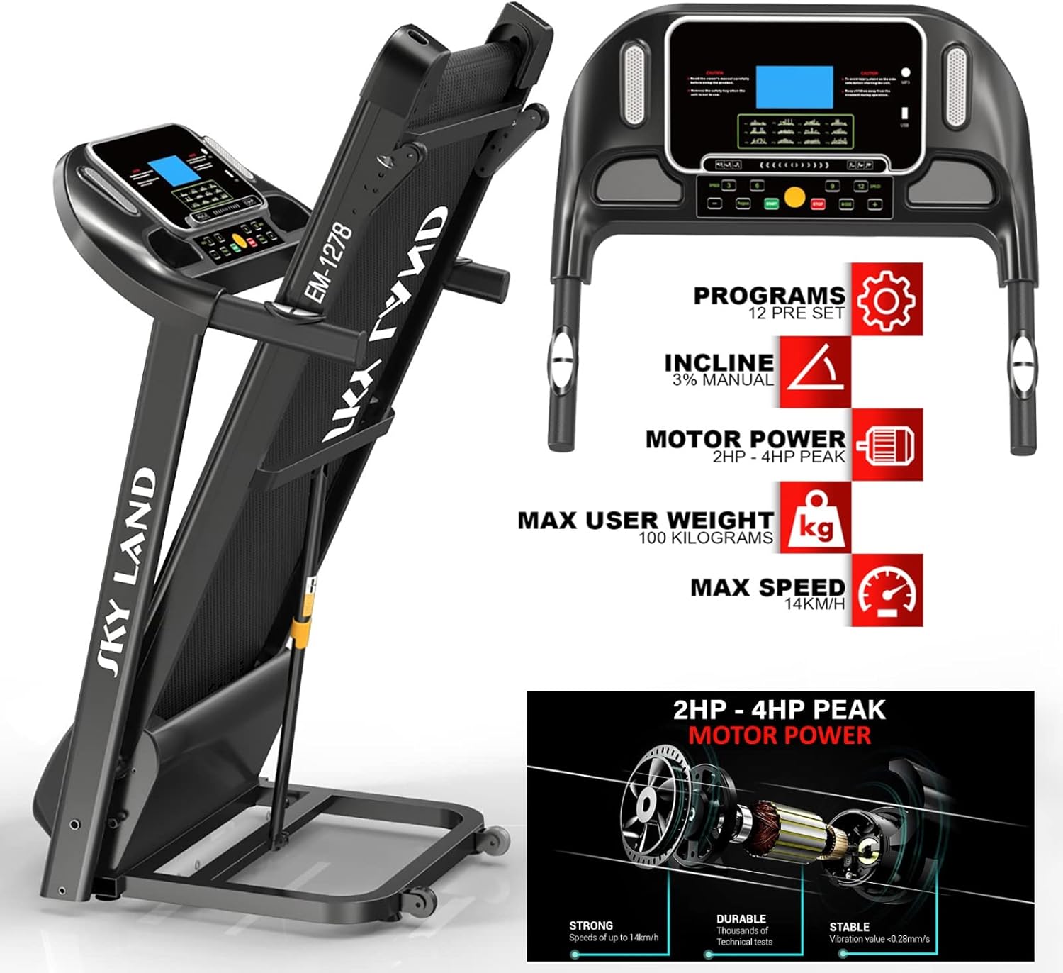 Treadmill with 4HP Peak Motor | Foldable Running Machine for Home Gym with 3-Level Manual Incline, LCD Display & Compact Design ?C EM-1278 - Image 4