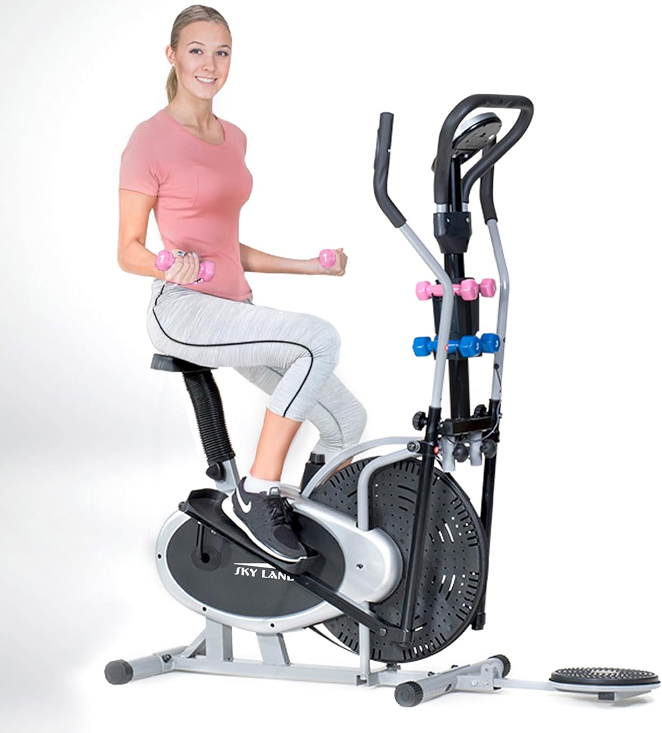 4-in-1 Orbitrac Elliptical Trainer & Exercise Bike ?C Stationary Fitness Cycle with Twister & Dumbbells | Adjustable Resistance, LCD Monitor, Full-Body Cardio Workout ?C EM-1132 Silver/Black