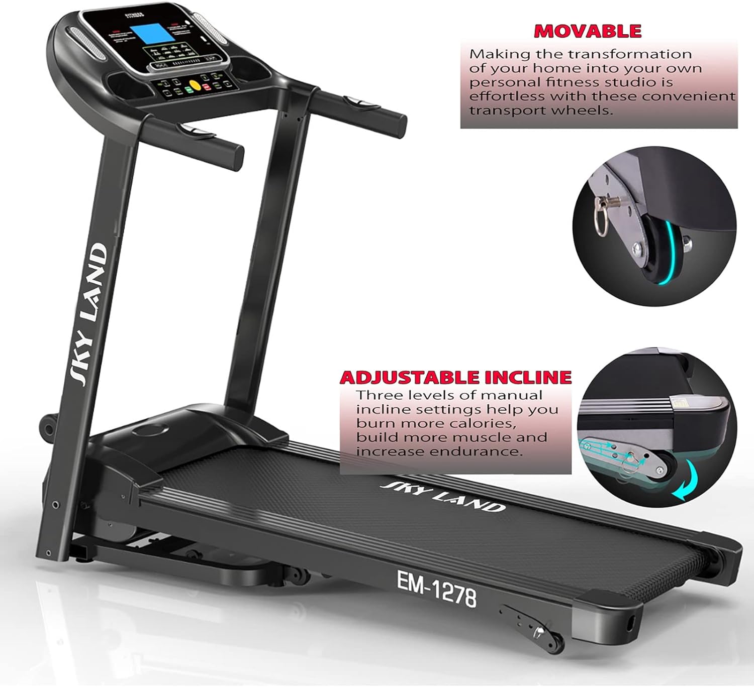 Treadmill with 4HP Peak Motor | Foldable Running Machine for Home Gym with 3-Level Manual Incline, LCD Display & Compact Design ?C EM-1278 - Image 3