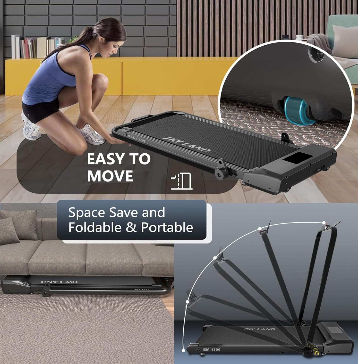 EM-1305 Walking Pad 2HP Under Desk Treadmill, Foldable Compact Walking Machine 1?C12 KM/H with LED Display & Remote Control, Slim Home Office Walking Pad Treadmill for Daily Cardio & Fitness - Image 4