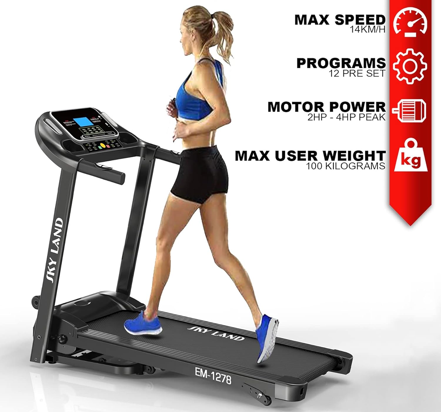 Treadmill with 4HP Peak Motor | Foldable Running Machine for Home Gym with 3-Level Manual Incline, LCD Display & Compact Design ?C EM-1278 - Image 2