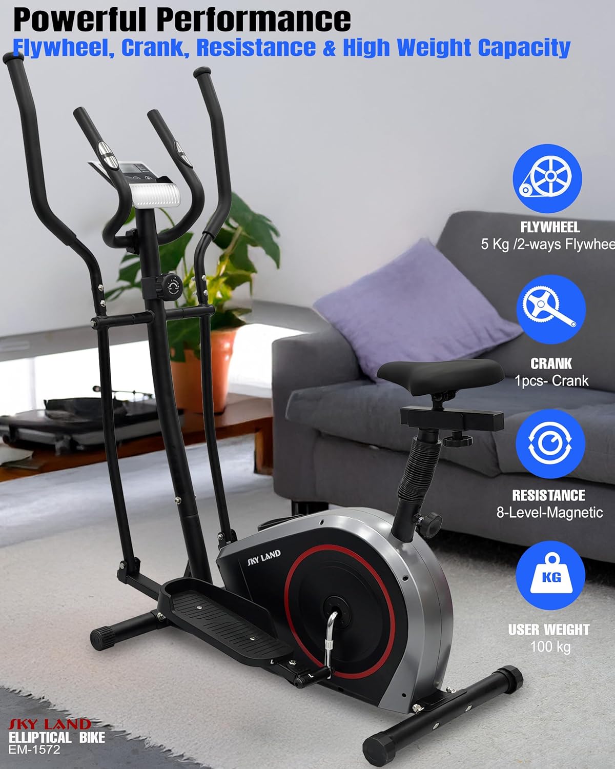 Magnetic Elliptical Cross Trainer Bike | 8-Level Magnetic Resistance | LED Display | FitShow App | Home Gym Cardio Workout | Quiet & Smooth Motion | Seat Included | 100Kg Capacity EM-1572 - Image 5