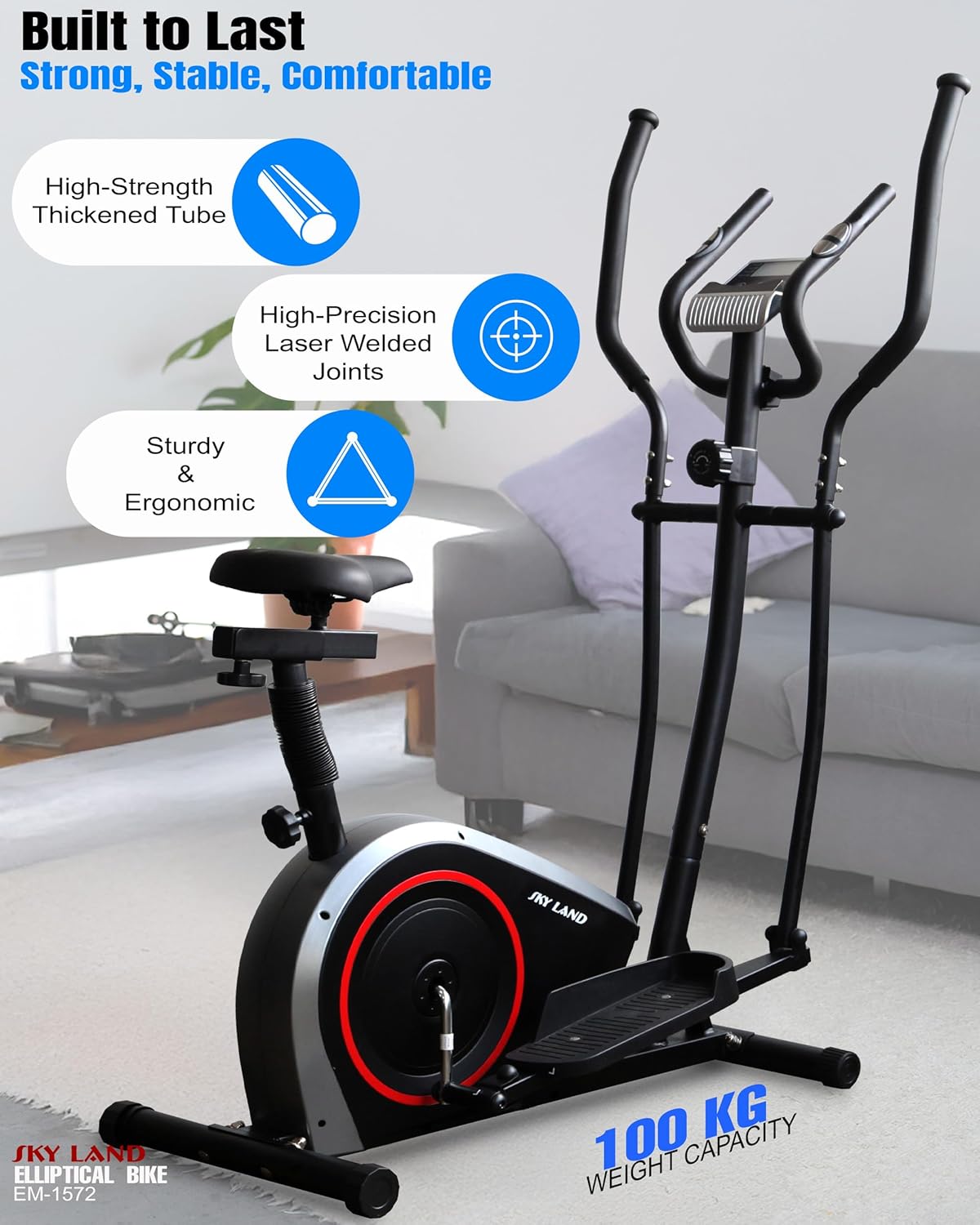 Magnetic Elliptical Cross Trainer Bike | 8-Level Magnetic Resistance | LED Display | FitShow App | Home Gym Cardio Workout | Quiet & Smooth Motion | Seat Included | 100Kg Capacity EM-1572 - Image 3