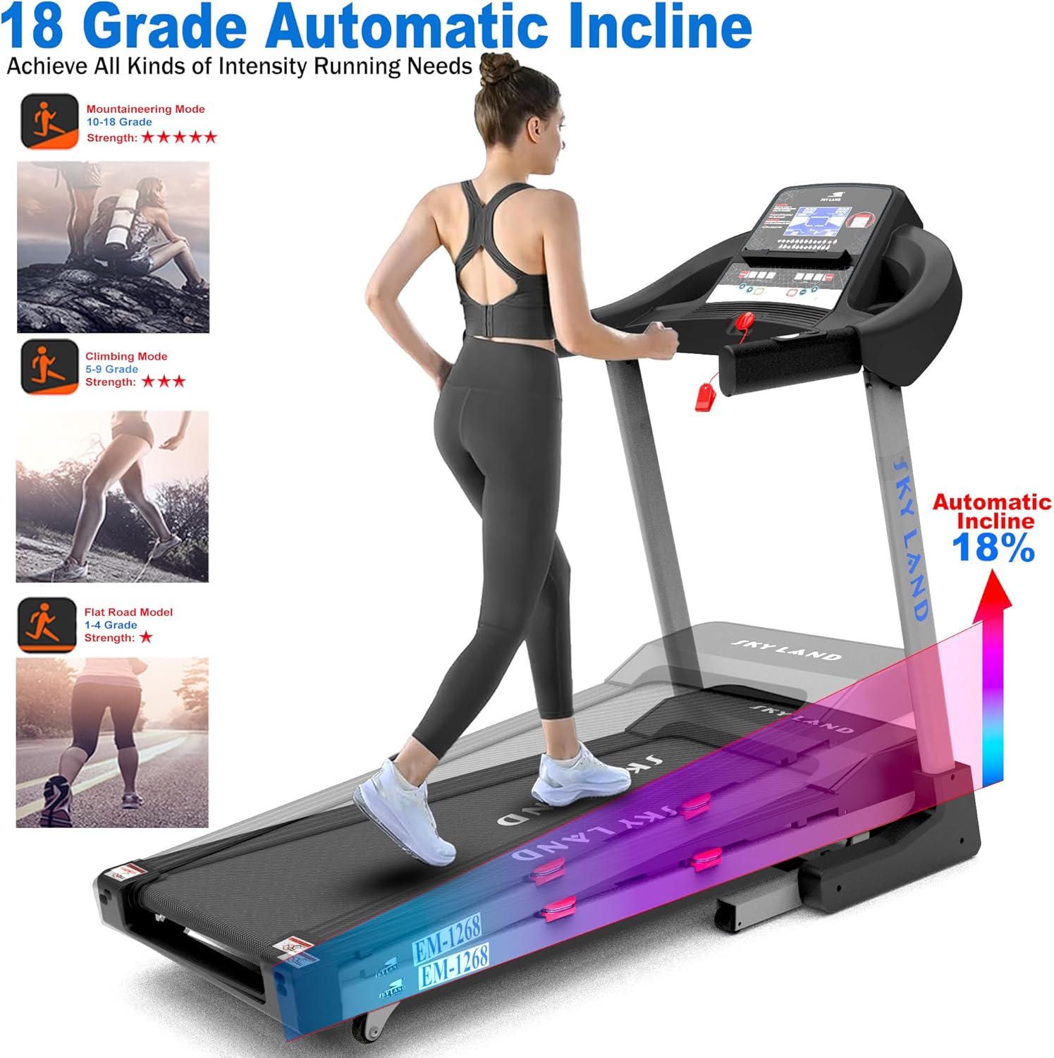 Foldable Treadmill | 3.0 HP DC Motor (6.0 HP Peak), 125kg Capacity, 1?C18 KM/H, 18-Level Auto Incline, Bluetooth Speaker, LCD Display Running Machine for Home & Office Gym EM-1268 - Image 4